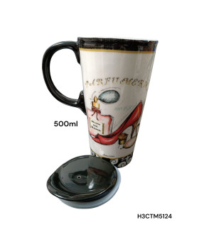 Taza de Viaje de Cerámica con Diseño de Perfumería y Zapato de Tacón