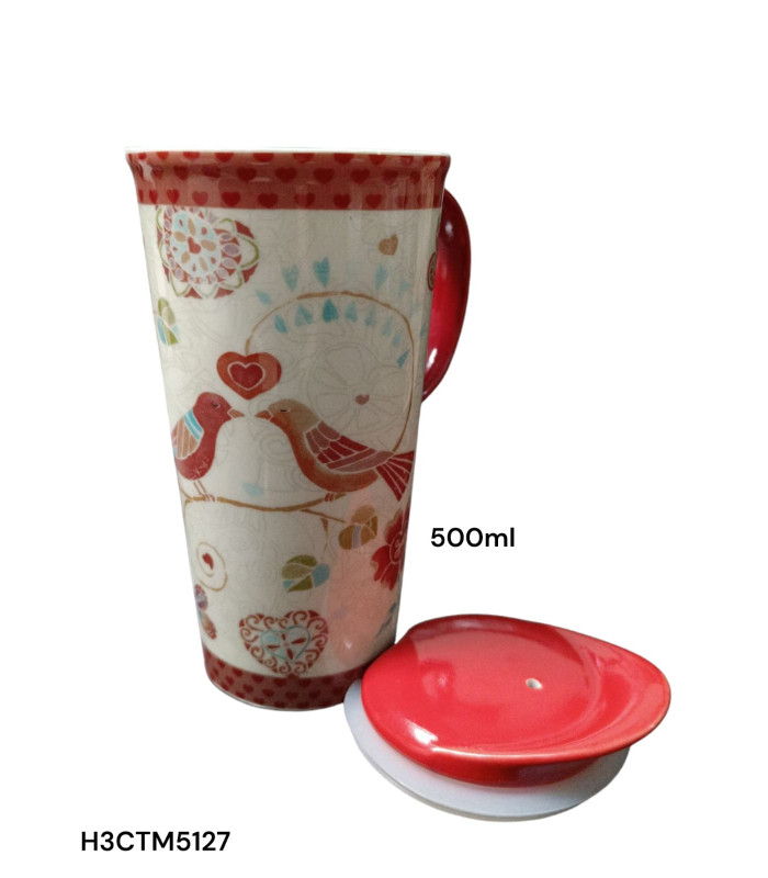 Taza de Viaje de Cerámica Cypress con Diseño de Pájaros Enamorados y Corazones