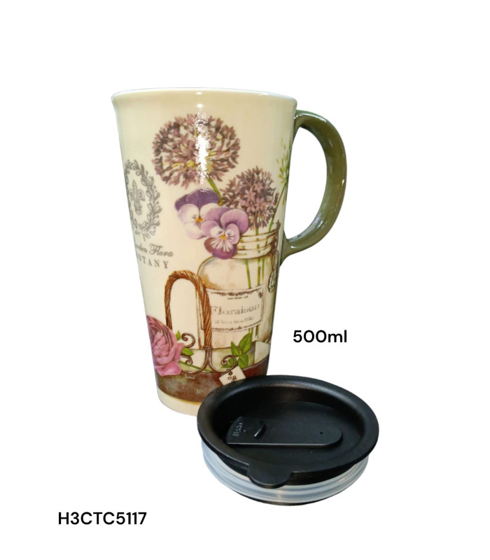 Taza de Viaje de Cerámica con Diseño de Botánica y Flores