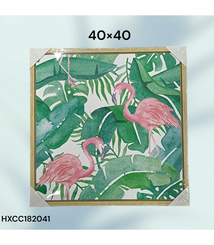 Cuadro Decorativo con Diseño de Flamencos Rosados y Hojas Tropicales